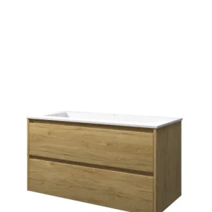 Proline Elegant badmeubel met polystone wastafel met 1 kraangat en onderkast symmetrisch - Ideal oak/Mat wit - 100x46cm (bxd) Betrouwbaar