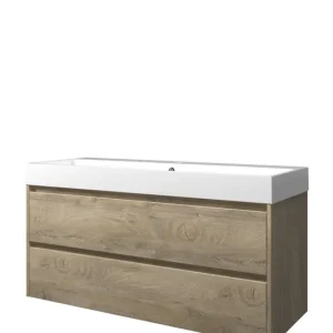 Proline Loft badmeubel met polystone wastafel met 1 kraangat en onderkast symmetrisch - Raw oak/Glans wit - 120x46cm (bxd) Exclusieve Aanbieding