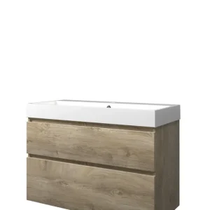 Express Levering Proline Loft badmeubel met polystone wastafel met 1 kraangat en onderkast a-symmetrisch - Raw oak/Glans wit - 100x46cm (bxd)