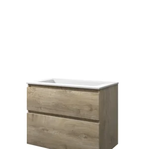 Proline Elegant badmeubel met polystone wastafel zonder kraangat en onderkast a-symmetrisch - Raw oak/Mat wit - 80x46cm (bxd) Koop Vandaag