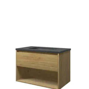 Proline Elegant badmeubel met open vak met hardsteen wastafel zonder kraangat - Ideal oak - 80x46cm (bxd) Professioneel