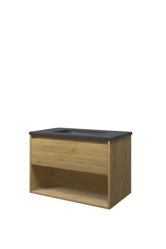 Proline Elegant badmeubel met open vak met hardsteen wastafel zonder kraangat - Ideal oak - 80x46cm (bxd) Professioneel