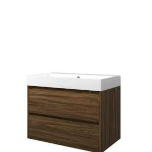 Geld-Terug-Garantie Proline Loft badmeubel met polystone wastafel zonder kraangat en onderkast symmetrisch - Cabana oak/Glans wit - 80x46cm (bxd)