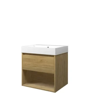 Proline Loft badmeubel met open vak met polystone wastafel met 1 kraangat - Ideal oak/Glans wit - 60x46cm (bxd) Weekendaanbieding