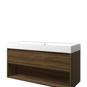 Proline Loft badmeubel met open vak met polystone wastafel met 2 kraangaten - Cabana oak/Glans wit - 120x46cm (bxd) Origineel