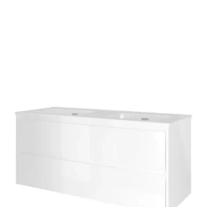 Op = Op Proline Elegant badmeubel met keramische wastafel dubbel met 2 kraangaten en onderkast symmetrisch - Glans wit - 120x46cm (bxd)