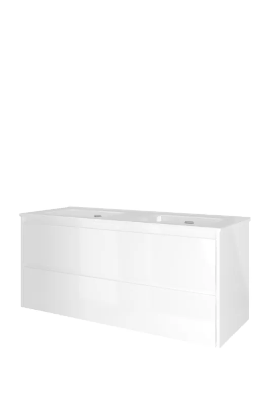 Op = Op Proline Elegant badmeubel met keramische wastafel dubbel met 2 kraangaten en onderkast symmetrisch - Glans wit - 120x46cm (bxd)