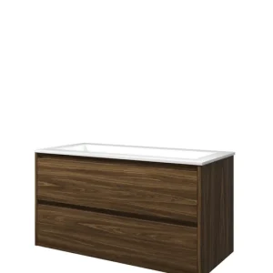 Proline Elegant badmeubel met polystone wastafel zonder kraangat en onderkast symmetrisch - Cabana oak/Glans wit - 100x46cm (bxd) Beste Prijs