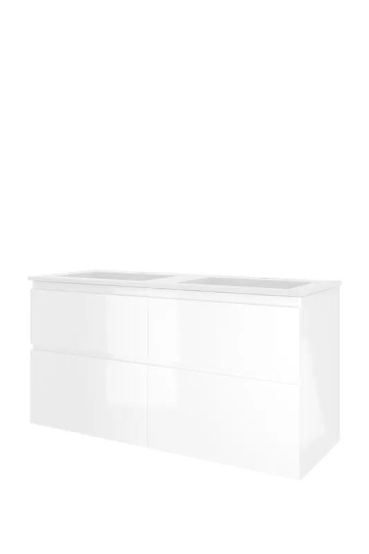 Meest Verkocht Proline Elegant badmeubel met polystone wastafel met 2 kraangaten en onderkast 4 laden a-symmetrisch - Glans wit/Mat wit - 120x46cm (bxd)