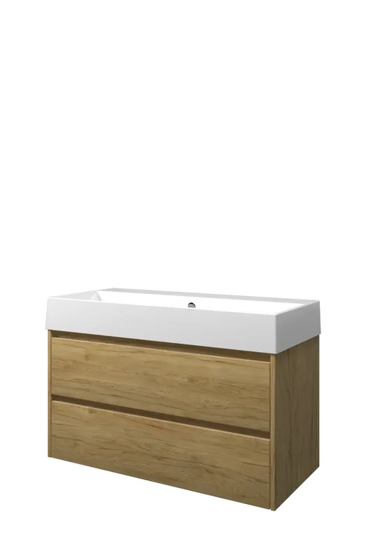 Proline Loft badmeubel met keramische wastafel zonder kraangat en onderkast symmetrisch - Ideal oak - 100x46cm (bxd) Nu Kopen
