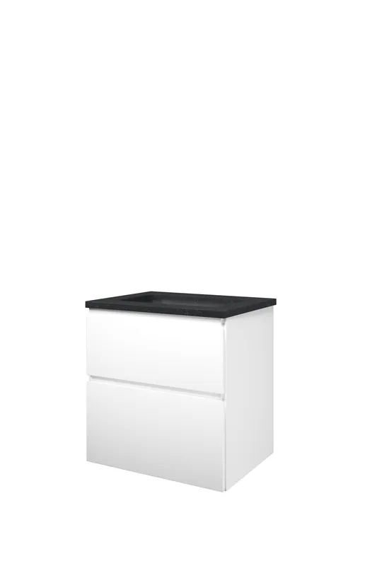Geld-Terug-Garantie Proline Elegant badmeubel met hardsteen wastafel zonder kraangat en onderkast a-symmetrisch - Mat zwart - 60x46cm (bxd)