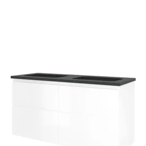 Proline Elegant badmeubel met hardsteen wastafel zonder kraangaten en onderkast 4 laden a-symmetrisch - Glans wit - 120x46cm (bxd) Korting