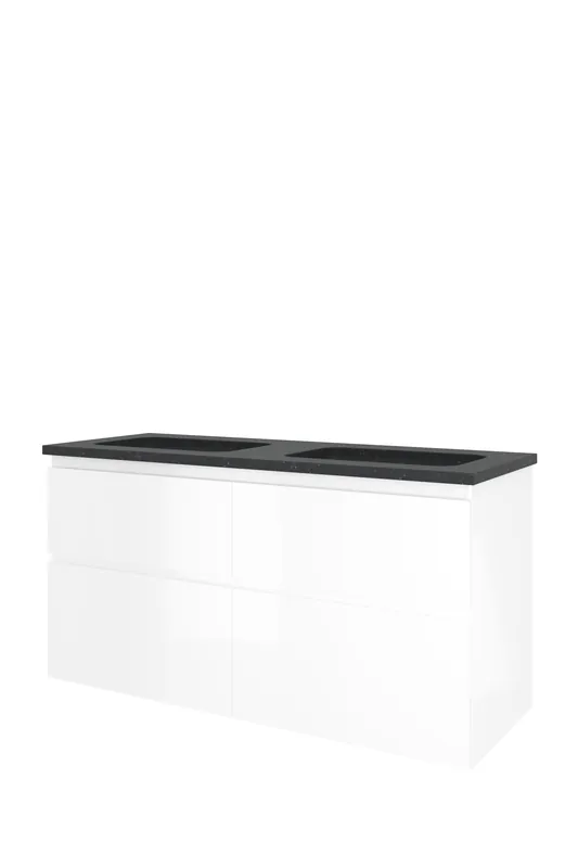 Proline Elegant badmeubel met hardsteen wastafel zonder kraangaten en onderkast 4 laden a-symmetrisch - Glans wit - 120x46cm (bxd) Korting