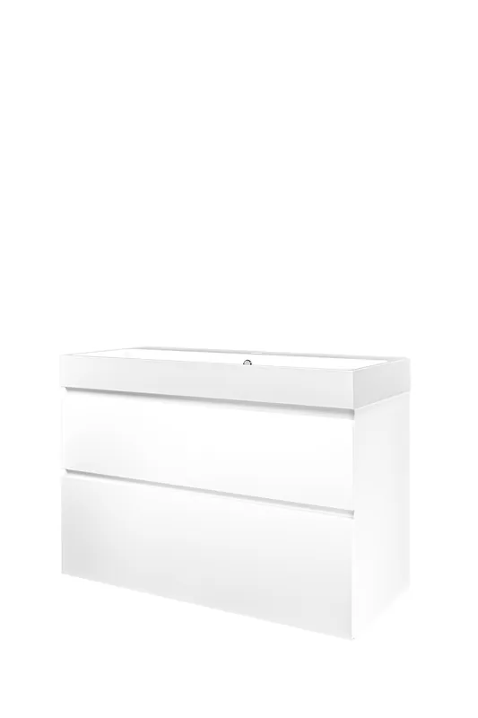 Gratis Verzending Proline Loft badmeubel met polystone wastafel met 1 kraangat en onderkast a-symmetrisch - Mat wit/Glans wit - 100x46cm (bxd)