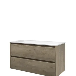 Flitsaanbieding Proline Elegant badmeubel met polystone wastafel met 2 kraangaten en onderkast symmetrisch - Raw oak/Mat wit - 100x46cm (bxd)
