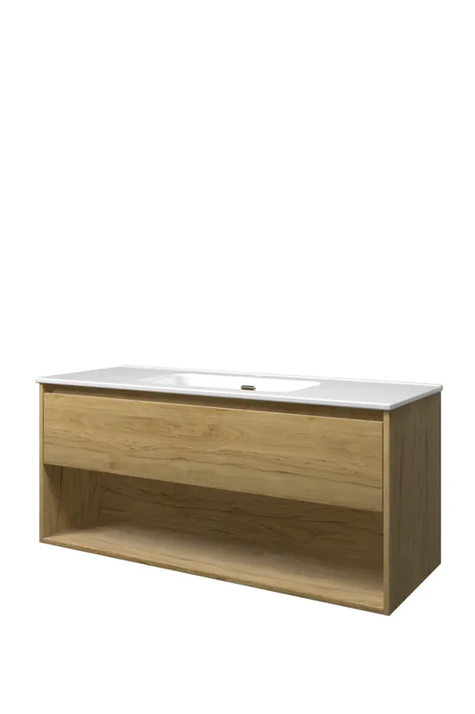 Proline Elegant badmeubel met open vak met keramische wastafel enkel met 1 kraangat - Ideal oak - 120x46cm (bxd) Merkproduct