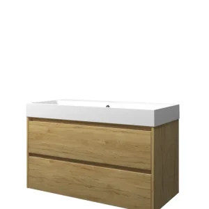 Proline Loft badmeubel met polystone wastafel met 1 kraangat en onderkast symmetrisch - Ideal oak/Mat wit - 100x46cm (bxd) Merkproduct