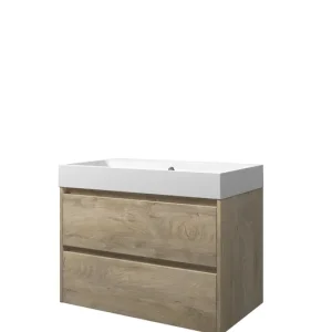 Speciale Aanbieding Proline Loft badmeubel met polystone wastafel zonder kraangat en onderkast symmetrisch - Raw oak/Mat wit - 80x46cm (bxd)