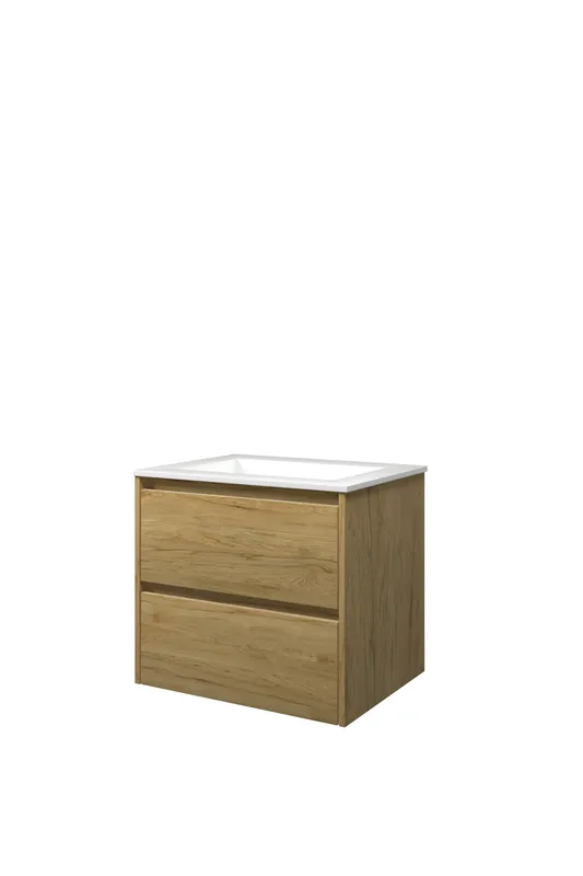 Favoriet Proline Elegant badmeubel met polystone wastafel zonder kraangat en onderkast symmetrisch - Ideal oak/Glans wit - 60x46cm (bxd)