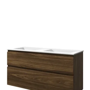 Gratis Verzending Proline Elegant badmeubel met polystone wastafel zonder kraangaten en onderkast a-symmetrisch - Cabana oak/Mat wit - 120x46cm (bxd)