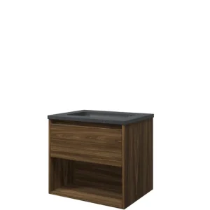 Proline Elegant badmeubel met open vak met hardsteen wastafel zonder kraangat - Cabana oak - 60x46cm (bxd) Op = Op