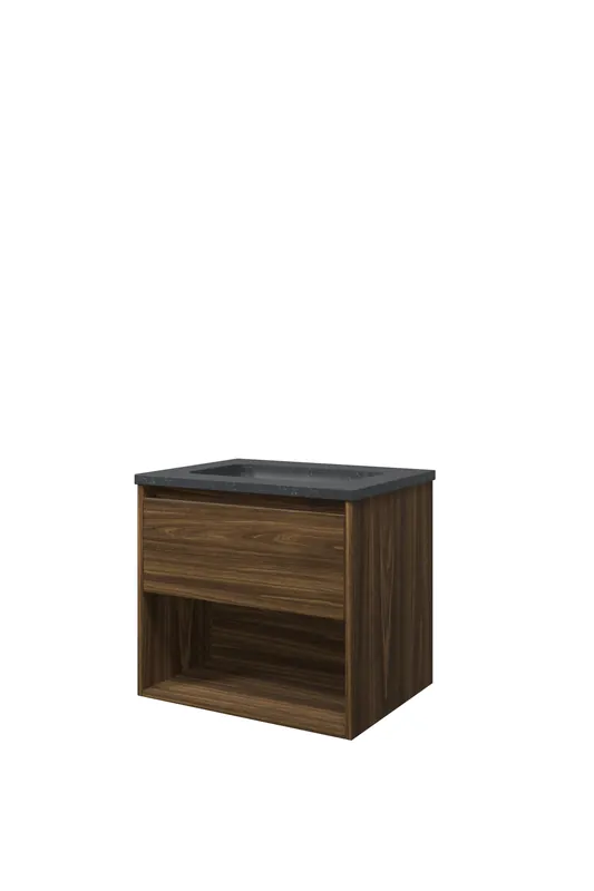 Proline Elegant badmeubel met open vak met hardsteen wastafel zonder kraangat - Cabana oak - 60x46cm (bxd) Op = Op