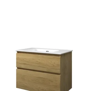 Proline Elegant badmeubel met keramische wastafel zonder kraangat en onderkast a-symmetrisch - Ideal oak - 80x46cm (bxd) Hete Deal