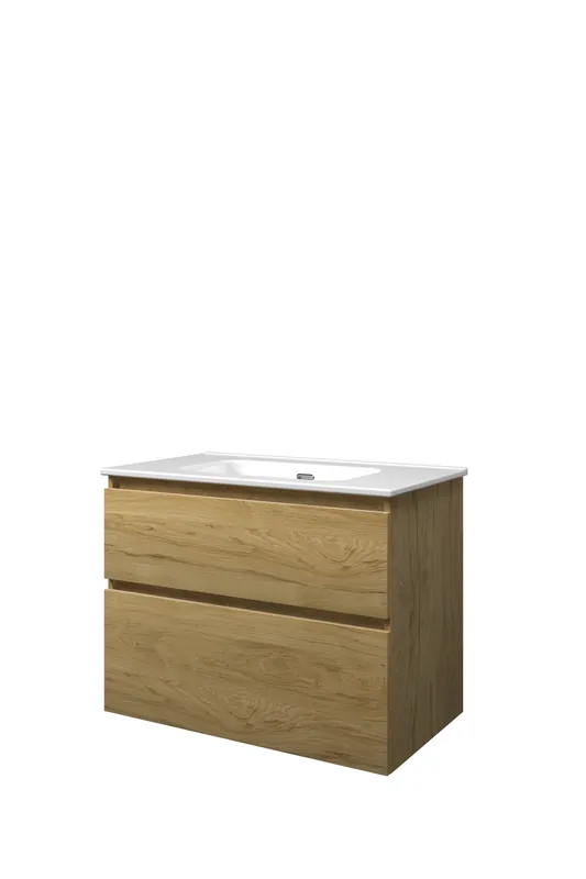 Proline Elegant badmeubel met keramische wastafel zonder kraangat en onderkast a-symmetrisch - Ideal oak - 80x46cm (bxd) Hete Deal