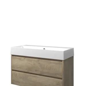 Populair Proline Loft badmeubel met keramische wastafel zonder kraangat en onderkast symmetrisch - Raw oak - 100x46cm (bxd)