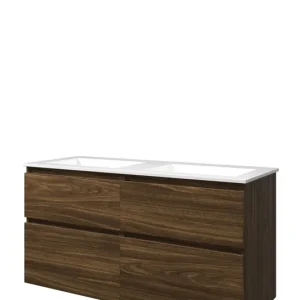 Topkwaliteit Proline Elegant badmeubel met polystone wastafel zonder kraangaten en onderkast 4 laden a-symmetrisch - Cabana oak/Glans wit - 120x46cm (bxd)