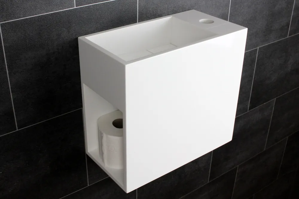 Beperkt Aanbod Luca Sanitair fontein met open schap links 35x18,5x32h in solid surface met verdekte afvoer, kraangat rechts mat wit