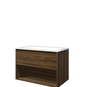 Proline Elegant badmeubel met open vak met polystone wastafel zonder kraangat - Cabana oak/Glans wit - 80x46cm (bxd) Alleen Vandaag
