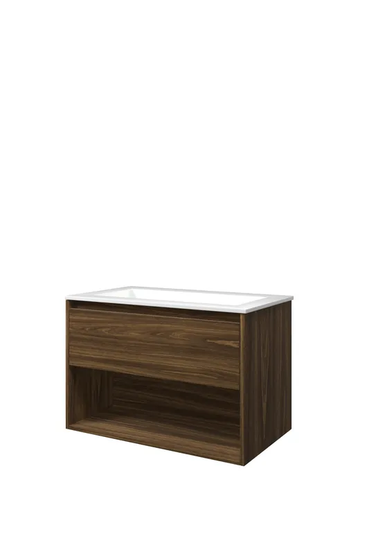 Proline Elegant badmeubel met open vak met polystone wastafel zonder kraangat - Cabana oak/Glans wit - 80x46cm (bxd) Alleen Vandaag