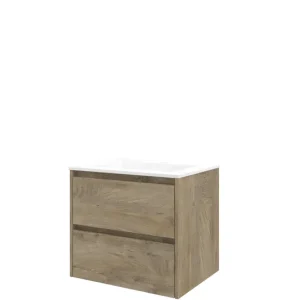 Hete Deal Proline Elegant badmeubel met polystone wastafel met 1 kraangat en onderkast symmetrisch - Raw oak/Mat wit - 60x46cm (bxd)