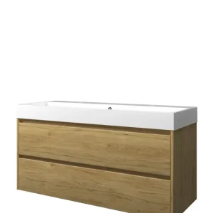 Proline Loft badmeubel met polystone wastafel met 2 kraangaten en onderkast symmetrisch - Ideal oak/Glans wit - 120x46cm (bxd) Budget