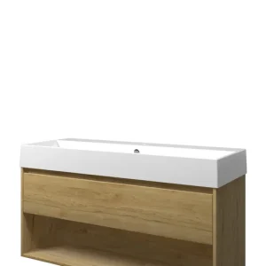 Laatste Versie Proline Loft badmeubel met open vak met keramische wastafel met 1 kraangat - Ideal oak - 120x46cm (bxd)