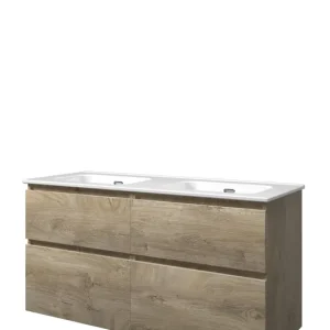 Proline Elegant badmeubel met keramische wastafel zonder kraangaten en onderkast 4 laden a-symmetrisch - Raw oak - 120x46cm (bxd) Koopje
