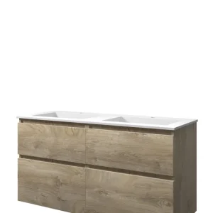 Uitverkoop Proline Elegant badmeubel met polystone wastafel met 2 kraangaten en onderkast 4 laden a-symmetrisch - Raw oak/Mat wit - 120x46cm (bxd)