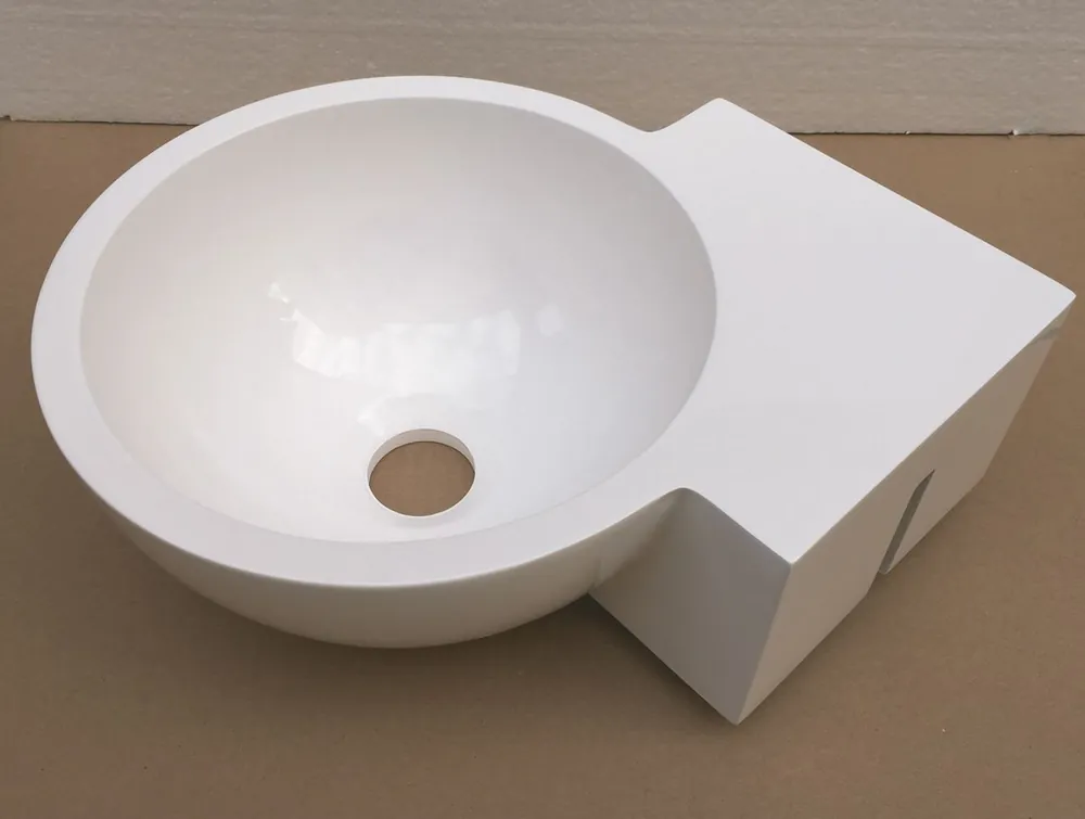 Luca Sanitair hoekfontein rond 28x28x12h van mineral stone, kraangat mogelijk wit glans Plaats Bestelling