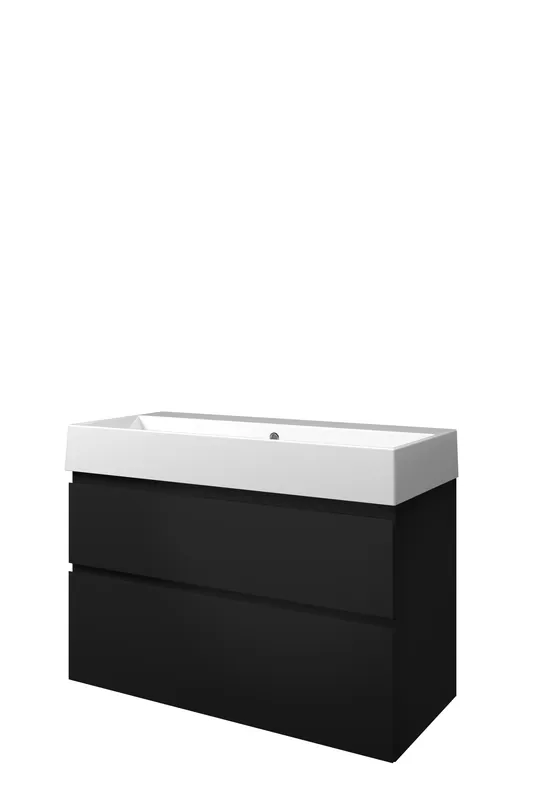 Op = Op Proline Loft badmeubel met keramische wastafel zonder kraangat en onderkast a-symmetrisch - Mat zwart - 100x46cm (bxd)