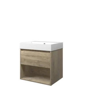 Aanbieding Proline Loft badmeubel met open vak met polystone wastafel zonder kraangat - Raw oak/Glans wit - 60x46cm (bxd)