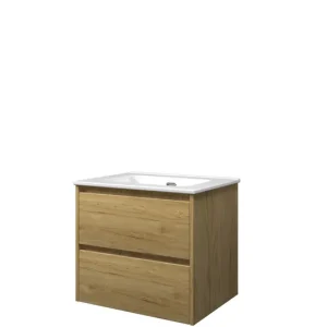 Proline Elegant badmeubel met keramische wastafel zonder kraangat en onderkast symmetrisch - Ideal oak - 60x46cm (bxd) Ambachtelijk