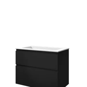 Proline Elegant badmeubel met polystone wastafel met 1 kraangat en onderkast a-symmetrisch - Mat zwart/Mat wit - 80x46cm (bxd) Nu Kopen
