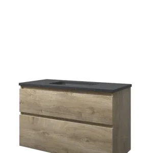 Proline Elegant badmeubel met hardsteen wastafel met 1 kraangat en onderkast a-symmetrisch - Raw oak - 100x46cm (bxd) Gratis Retour