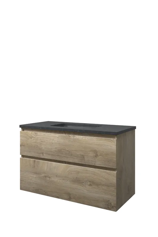 Proline Elegant badmeubel met hardsteen wastafel met 1 kraangat en onderkast a-symmetrisch - Raw oak - 100x46cm (bxd) Gratis Retour