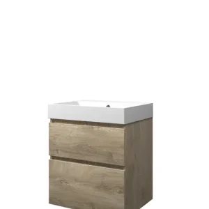 Proline Loft badmeubel met polystone wastafel zonder kraangat en onderkast a-symmetrisch - Raw oak/Mat wit - 60x46cm (bxd) Wereldwijde Verzending
