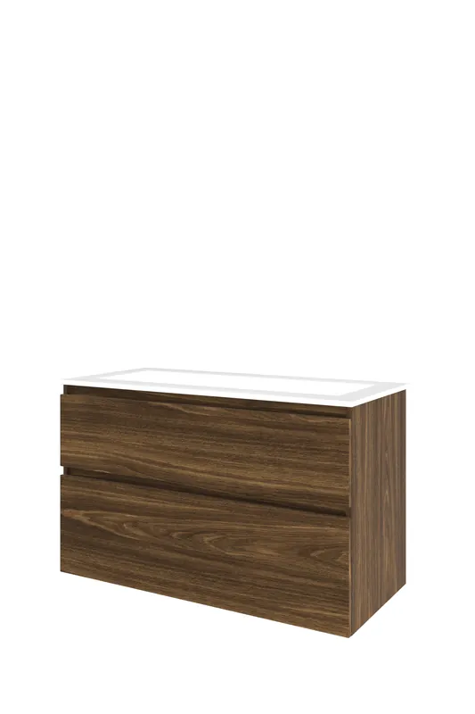 Proline Elegant badmeubel met polystone wastafel zonder kraangat en onderkast a-symmetrisch - Cabana oak/Glans wit - 100x46cm (bxd) Op = Op