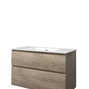 Finale Uitverkoop Proline Elegant badmeubel met keramische wastafel met 1 kraangat en onderkast a-symmetrisch - Raw oak - 100x46cm (bxd)