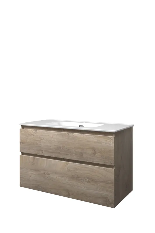Finale Uitverkoop Proline Elegant badmeubel met keramische wastafel met 1 kraangat en onderkast a-symmetrisch - Raw oak - 100x46cm (bxd)