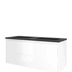 Plaats Bestelling Proline Elegant badmeubel met hardsteen wastafel zonder kraangat en onderkast symmetrisch - Glans wit - 120x46cm (bxd)